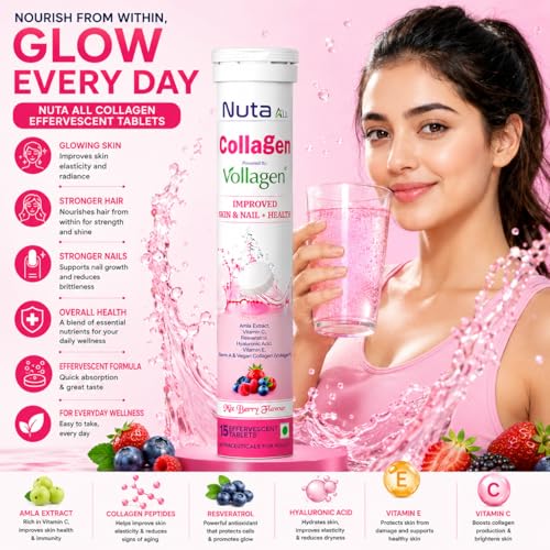 Image of Collagen Effervescent Tablets | Vegan Collagen (Vollagen), Vitamin C & Hyaluronic Acid | Skin Glow, Hair & Nail Support | Mix Berry | 15 Tablets