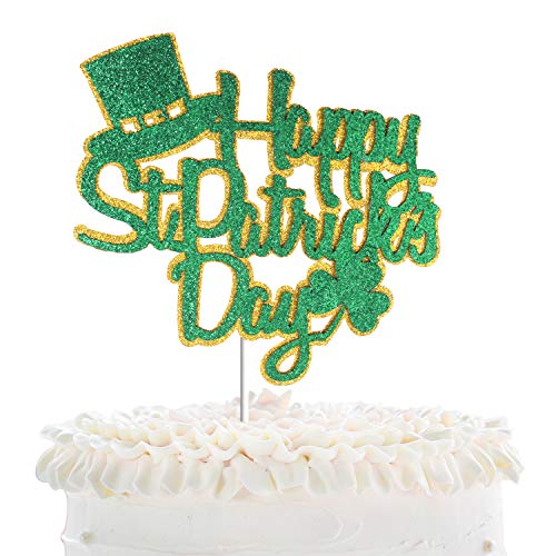 Happy St. Patrick's Day Cake Topper - Green Glitter Shamrock Lucky Leprechaun Cake