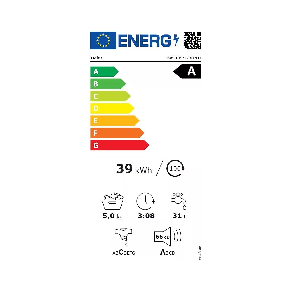 Haier HW50BP12307U1S Autonome Charge avant 5 kg 1200 tr/min Panier Acier inoxydable Moteur Inverter Wifi Blanc A+