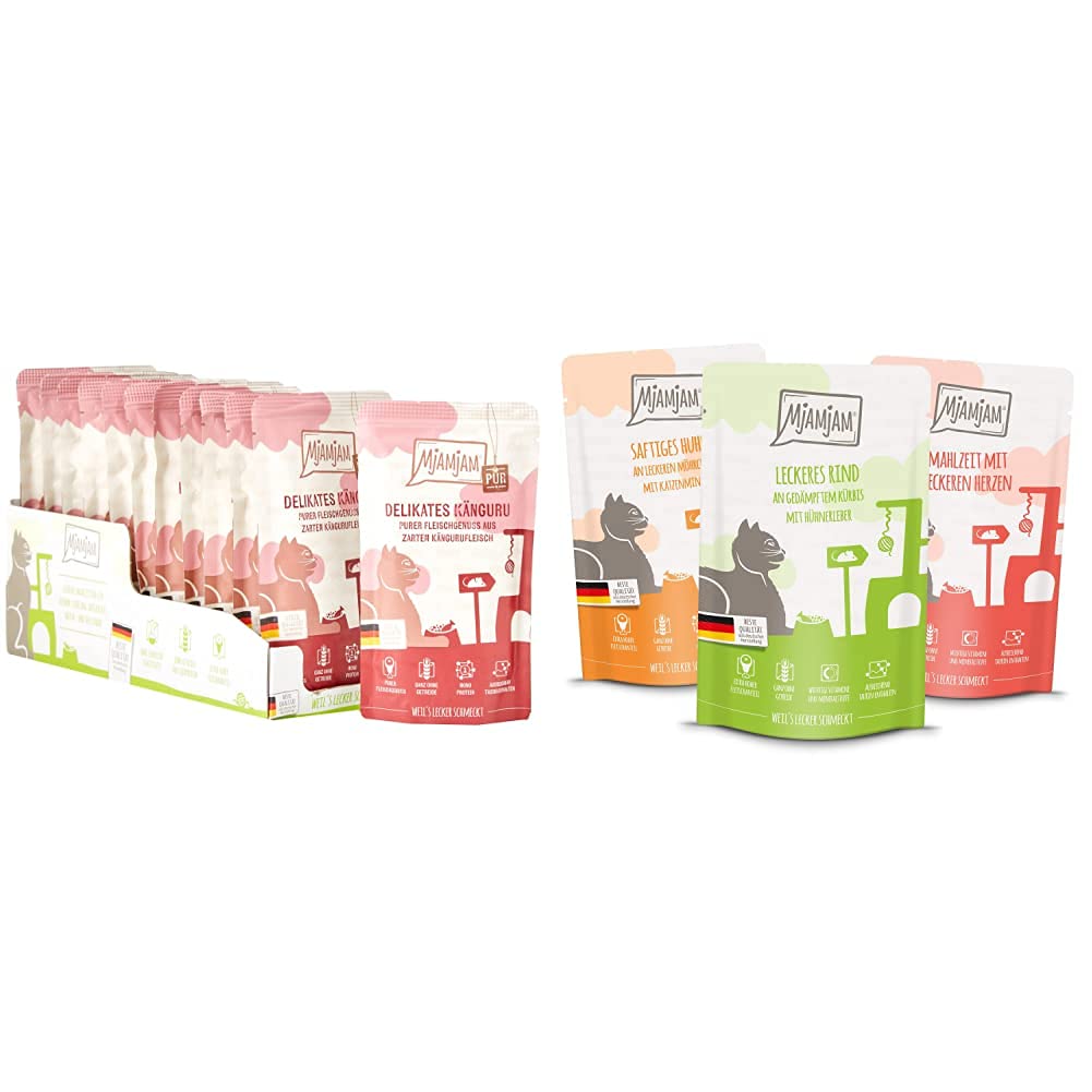 MjAMjAM - Premium Nassfutter für Katzen - Quetschie - purer Fleischgenuss - saftiges Hühnchen pur (12 x 125 g) & Premium Nassfutter für Katzen - Mixpaket 1 - Huhn, Rind, Herzen (12 x 125 g)