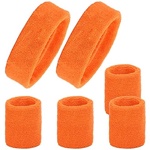 6pcs Sweatband Set CINVEED Sports Headband Wristband Including 2pcs Athletic Cotton Headband and 4pcs Wrist Sweat Band for Exercise Gym Basketball Tennis Running 80s Party Costume Fancy Dress Cover