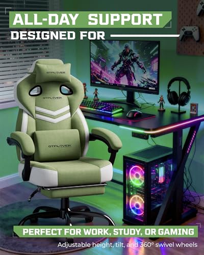 Image of GTPLAYER Gaming Chair for Adults, Ergonomic High Back Chair with Footrest | Big & Tall Computer Video Gaming Chair, Comfort Wide Seat with Lumbar Support for Big /Tall, Office /Home, Tf - Green