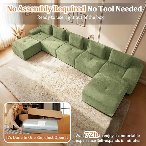 Image of 196 inch U Shaped Oversized Boneless Couch, Comfort Cloud Sectional Couches for Living Room, Modular Sofa High Back & Extra Deep Seat, No Assembly, Chenille (Olive Green, 196 inch-U Shaped(5+2))