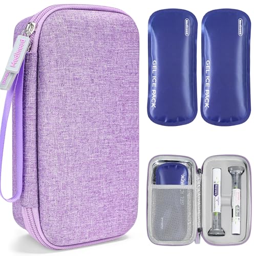 Portable Insulated Cooler Travel Case Fits 2 Zepbound or Mounjaro Injector Pens, Tirzepatide Travel Case TSA Approved with 2PCS Reusable Ice Packs, EVA Medicine Organizer for Daily Use (Purple, Big)