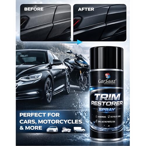 Image of CAR SAAZ Trim Restorer Spray 500ml | Plastic & Rubber Restorer for Car, Bike | Revives Faded Exterior & Interior Parts | Deep Shine, UV Protection & Long Lasting Finish