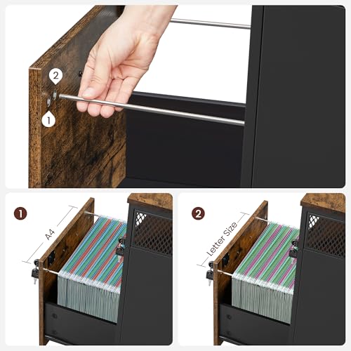 Image of VASAGLE 2 Drawer File Cabinet with Lock, Rolling Printer Stand | Under Desk Filing Cabinet, 17.3 x 16.5 x 27.2 in, Rustic Brown and Ink Black, Dacey Collection, UOFC077B01
