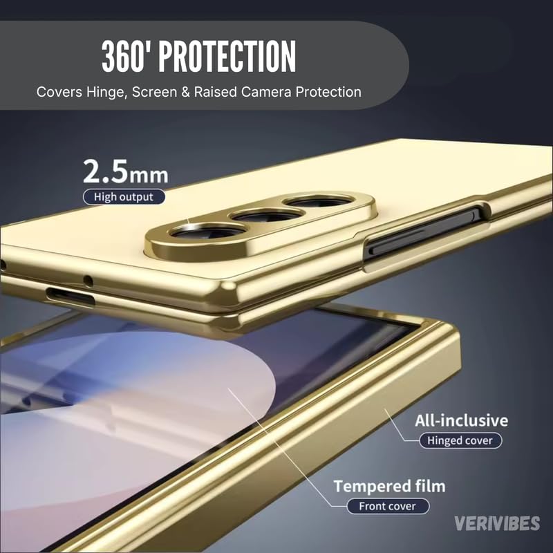 Image of Ultra Hybrid Luxury Leather Case Compatible with Samsung Galaxy Z Fold 7 (2025) 360 Hinge Protection, Slim Shockproof Back Cover, Anti-Scratch Design, Tempered Glass Protection - Golden