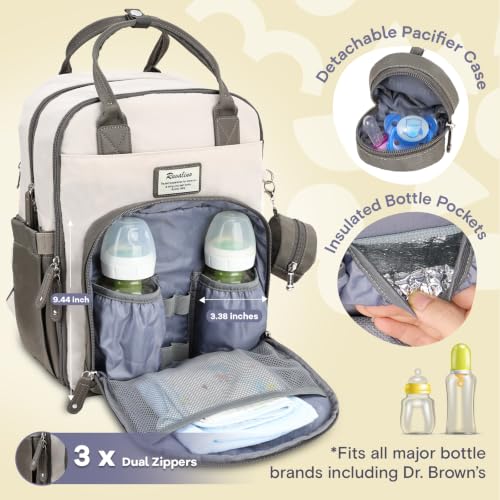 Image of RUVALINO Diaper Bag Backpack-Multifunction Baby Travel Bag with Changing pad, Insulated Bottle Holders & Pacifier Case, Large Capacity, Waterproof, Cream & Taupe