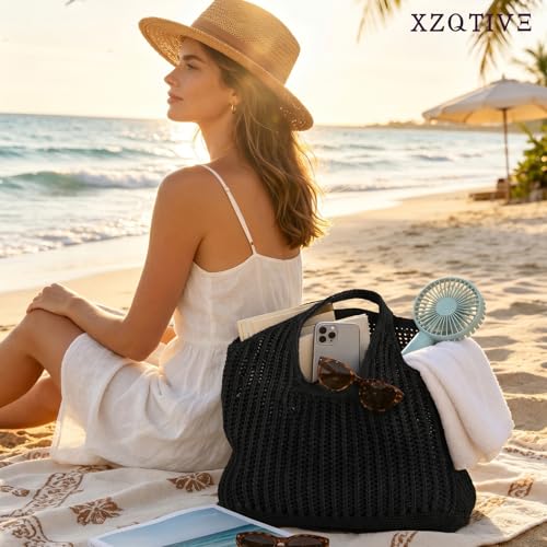 Image of XZQTIVE Crochet Tote Bag for Women Mesh Beach bag for Summer Vacation Aesthetic Hobo Knit Shoulder Bag