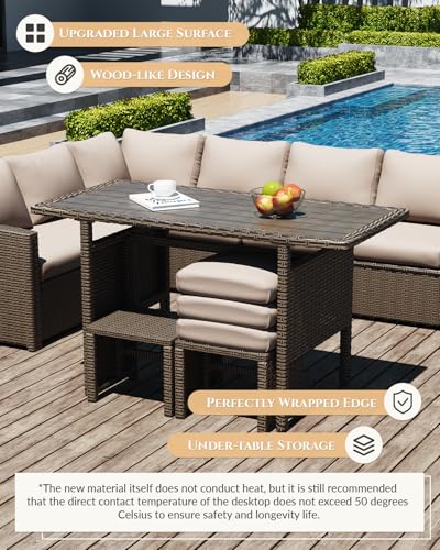 Image of U-MAX 7 Pieces Patio Furniture Set with Waterproof Cover, Outdoor Sectional Sofa Conversation Set, All Weather Wicker Rattan Dining Table & Chair with Ottoman, Brown Rattan&Khaki Cushion