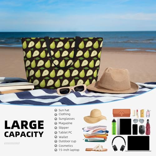 Large Beach Bags Water-resistant Sandproof - Cute Lime Green Pear Black Cute Beach Tote Bags for Women with Zipper4