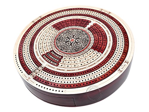 House Of Cribbage - 10" Round Shape 4 Tracks Continuous Cribbage Board Maple / Bloodwood - Push Drawer & Place For Skunks, Corners & Won Games #TOP2