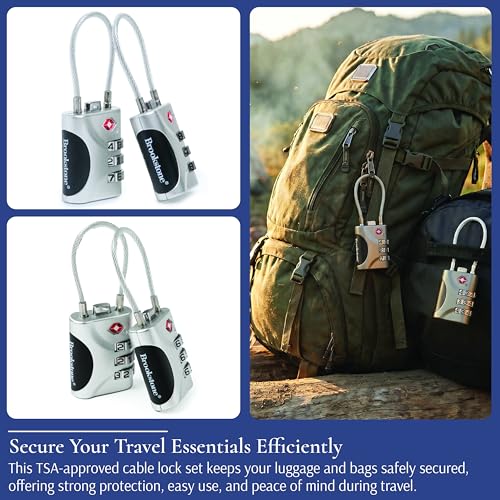 Image of Brookstone Cable Lock - 2 Pack 3-Digit Keyless TSA Approved Locks for Luggage - Resettable Combination Luggage Lock, Size One Size, Silver