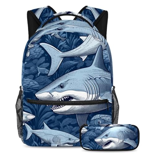 Cartables Blue Mystery Ocean Sharks de grande capacité avec trousse pour ados