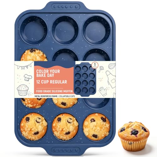 Image of Silicone Muffin Pans for Baking with Metal Reinforced Frame | Nonstick 12-Cup Regular Size Cupcake Tray for Egg Bites, Muffins & Cupcakes, Dishwasher Safe, Dark Blue, 1 Pc