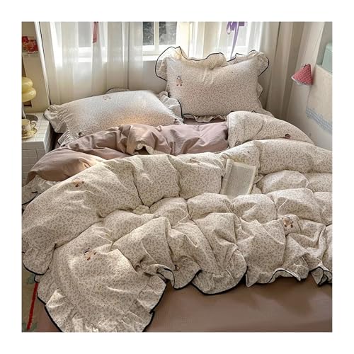 Taie d'oreiller avec drap et housse de couette de lit Queen à volants style floral doux