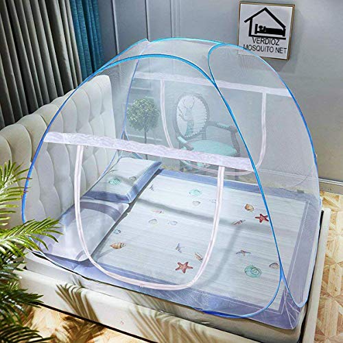 Image of VERDIOZ WITH DEVICE Foldable Poly Cotton Double Bed Mosquito Net Machardani, Corrosion Free Steel Wire, 30 GSM Net with Ventilation, Visibility and Saviour kit, (King Size, 200X200X145 cm, Blue)
