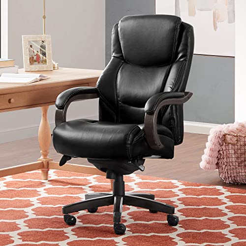 La-Z-Boy Delano Big & Tall Executive Office Chair | High Back Ergonomic Lumbar Support, Bonded Leather, Black With Weathered Gray Wood | #TOP1