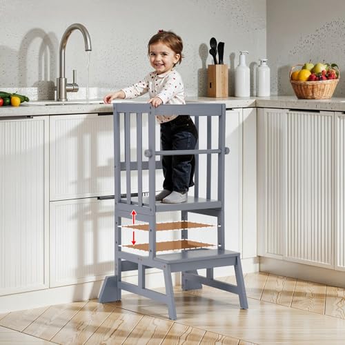 Image of COSYLAND Toddler Standing Tower - Adjustable Height Toddler Kitchen Stool Helper - Kids Kitchen Step Stool for Learning with Removable Safety Railing Ash Gray