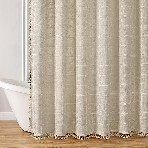 Joycloth Boho Farmhouse Shower Curtain With Tassels, Heavy Duty Water Repellent Cotton Linen Shower Curtains For Bathroom Decor, Rustic Bohemian Cloth Shower Curtain Set With 12 Hooks, Beige, 72 X 72 #TOP1