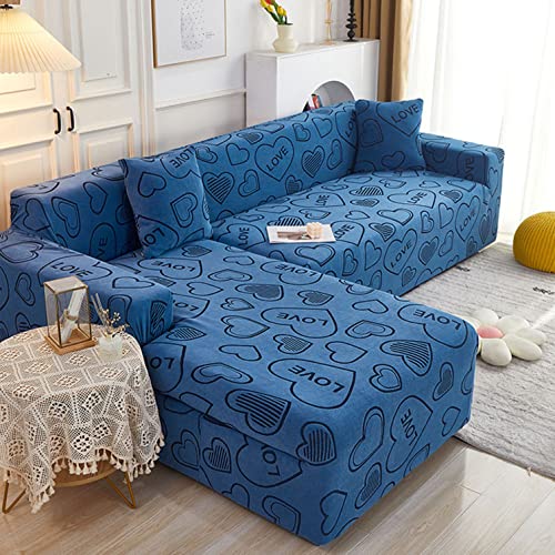 Housse de canapé extensible d'angle en L 3+3 places bleue et lavable