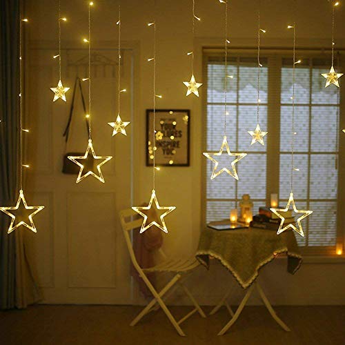 Image of RSCT 12 Stars 138 LED Curtain String Lights Window Curtain Lights with 8 Flashing Modes Decoration for Christmas, Wedding, Party, Home, Lawn (Warm White)