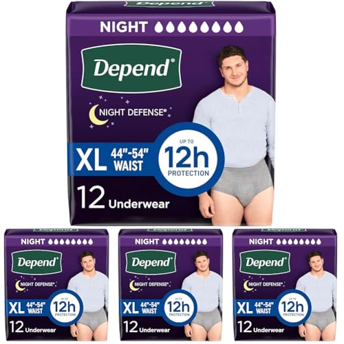 Image of Depend Night Defense Adult Diapers, Incontinence Underwear for Men, Disposable, Overnight, Extra-Large, Grey, 12 Count, Packaging May Vary (Pack of 4)