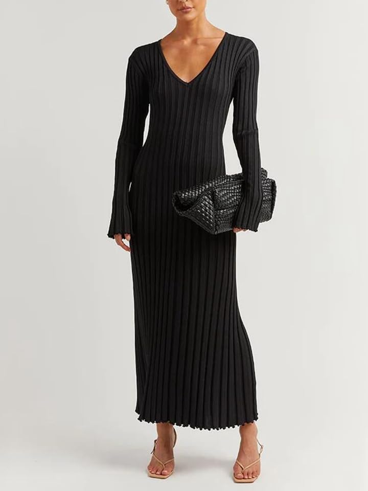 Image of Women's Long Knit Crewneck Sweater Dress Tie Waist A-Line Swing Pleated Bodycon