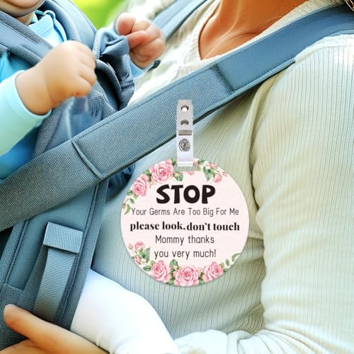 Image of 2 Pack Rose Flower Style Do Not Touch Signs Greenery Stop No Touching Car Seat Sign Stroller Tag with Hanging Strap and Clip Durable Car Safety Signs Tags for Car Accessories 5 Inches