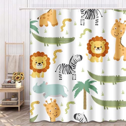 Image of Emvency Shower Curtain Safari Animals with Cute Hippo Crocodile Lion Elephant and Giraffe in Childish Style Waterproof Polyester Fabric 72 x 72 inches Set with Hooks
