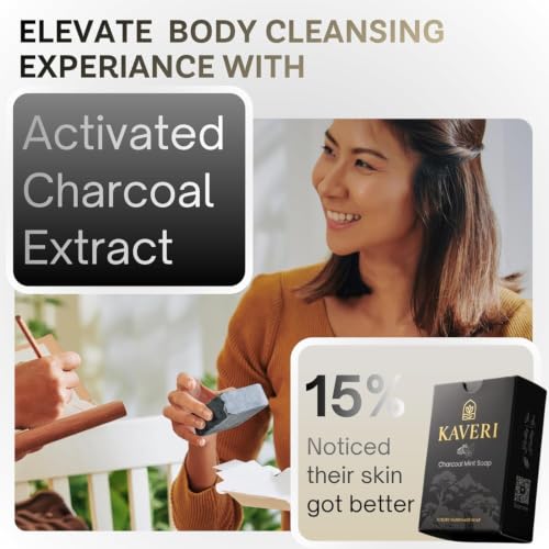 Image of KAVERI Activated Charcoal & Mint Handmade Soap Bar - Cold-Processed Deep-Cleansing Bar, SLS-Free - Pack of 3 Combo (3 x 110g)