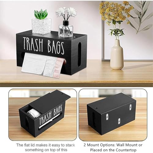Image of Trash Bag Dispenser, Wall Mount Trash Bag Holder Dispenser with Lid Wooden Kitchen Trash Bag Roll Organizer Plastic Garbage Bag Storage for Cabinet. (Black)