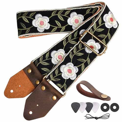 Image of Nefelibata Guitar Strap,Crazy Horse Leather Jacquard Embroidery Cotton Guitar Straps for Bass, Electric & Acoustic, Best Gifts for Guitarists(Retro White Petals)