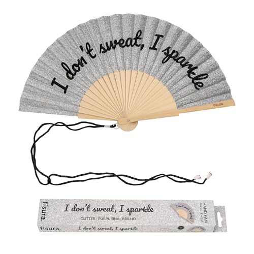 Fisura Handfächer mit Spruch I Dont Sweat. Holzfächer modern mit silbernem Glitzerdesign leicht und kompakt inklusive Trageschlaufe Geschenkidee für Sommer Strand und Reisen 42 5 x 23 cm
