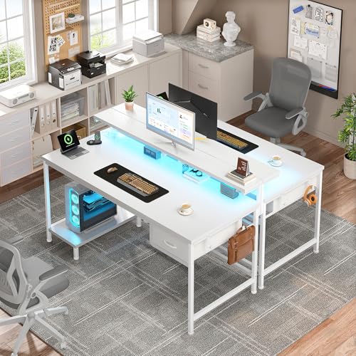 Image of DurayLoly 39.3Inch Computer Desk with Power Outlet & Drawer,Gaming Desk with CPU Stand& LED Lights,Corner Office Desk with Ergonomic Monitor Stand for Home Work, Study and Gaming, Small Spaces,White