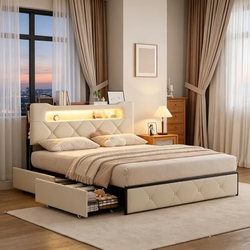 BRILVERDE Cama tapizada de 140 x 200 cm con cajón de almacenamiento, cama doble con LED/USB, cama juvenil con cabecero y somier, marco de cama para adultos, terciopelo (beis, 140 x 200 cm)