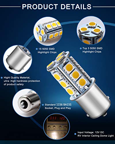 Qoope - Pack of 20-3000K Warm White 1156 BA15S 1141 1003 1073 7506 LED Bulbs 5050 18-SMD Replacement Lamps for 12V Interior RV Camper Trailer Lighting Boat Yard Light Bulbs