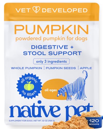 Native Pet Pumpkin for Dogs - Organic Dog Food Topper Powder - Promotes Firm Stools Supports Digestive Bowel Health & Nutrient Absorption - USDA Organic Rich in Fiber with Real Pumpkin - 120 Scoops
