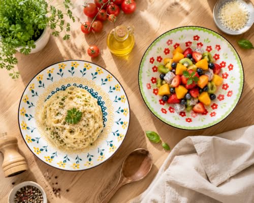 Image of Ceramic Pasta Plate, 20.4 cm Porcelain Dinner Plates, Microwave & Dishwasher Safe, Food Grade Ceramic, Deep Serving Plate for Pasta, Salad, Soup, Curry & Noodles (Multicolor Floral, PACK OF 2)
