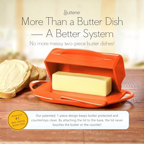 Image of Butterie Flip Top Butter Dish with Attached Lid & Matching Knife - Holds 2 Sticks, Fits Kerrygold /European Butter - BPA Free & Dishwasher Safe - Orange