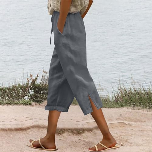 Women Linen Pants 2025 Summer High Waist Elastic Drawstring Straight Leg Lounge Pant Casual Loose Beach Trousers2