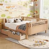 Duxelifin Full Size Kid Bed with Rails,Low Profile Daybeds with Drawers and Rounded Corners, Montessori Bed Frame with Detachable Safety Rails,Full Size Bed Frame for Kids (Natural