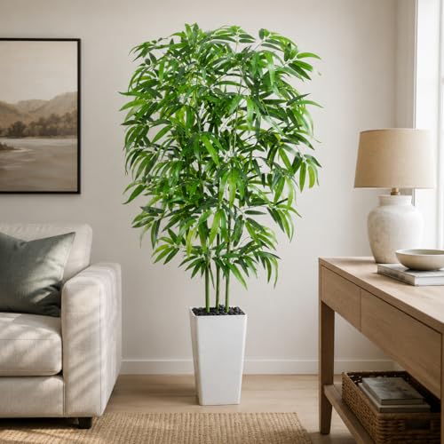 FSOHOI Artificial Bamboo Tree 5FT Tall Fake Plants Faux Bamboo Plant with White Tall Planter...