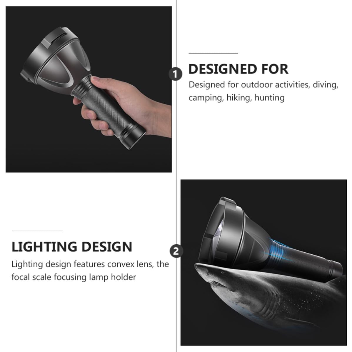 Toyvian Torcia LED Portatile Nero 5000mah Lega di Alluminio Non Scivolosa Luce Debole Torcia da Esterno per Pesca e Immersioni