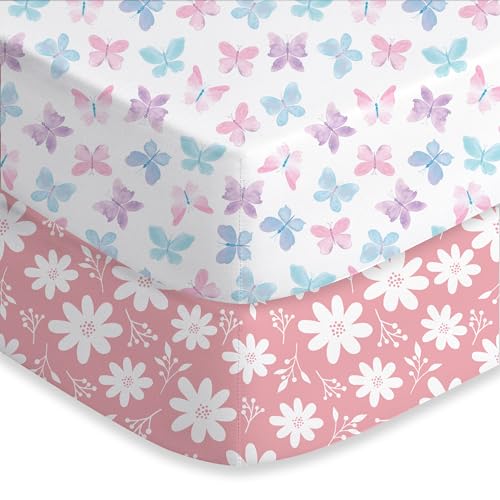 FIEMOL Babybettwäsche Mädchen, 2 Pack Kleinkind Bettwäsche für 52 "x28 Standard Kleinkind Matratzen, weiche Mikrofaser eingerichtete Bettwäsche rosa Schmetterling Blume