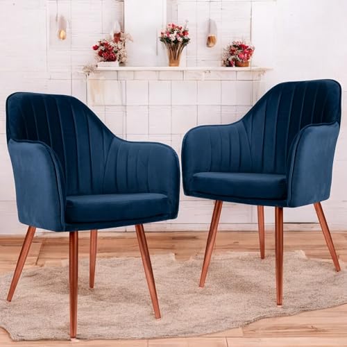 Image of Set of 2 Accent Chair for Living Room | Modern Armchair in Soft Velvet Fabric with Sturdy Legs | Premium Chair for Home Living Room Bedroom Restaurent | (Bronze Legs, Blue)