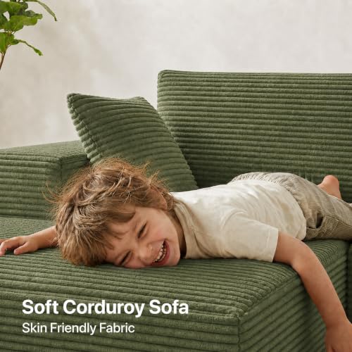 Image of Claiks 104 inch Boneless Couch, U-Shape Corduroy Sectional Sofa, Green