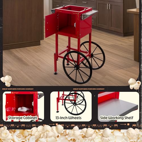 Image of Popcorn Machine with Cart and 6 oz Stainless Steel Kettle - Vintage Style Retro Popcorn Maker Machine on Wheels with Cabinet for Home Movie Room, Parties, and Events by Great Northern Popcorn (Red)