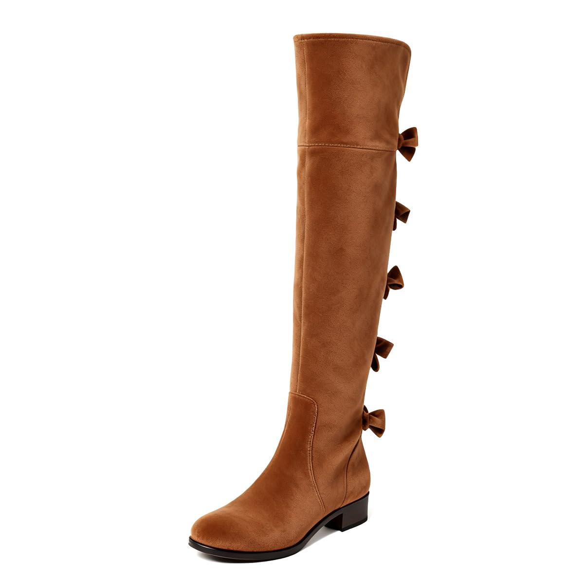 XYD Women Over The Knee Thigh High Riding Boots Chunky Heel Round Toe Back Bows Zipper Stretchy Stylish