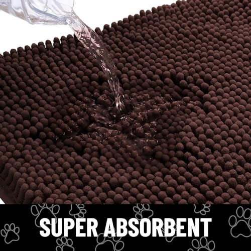 Image of Smiry Dog Door Mat for Muddy Paws, Absorbent Dirt Trapper Non Slip Quick Dry Washable Chenille Mat for Mud Dogs, Entry Rug for Indoor and Outdoor (34x21 Inches, Brown and White)